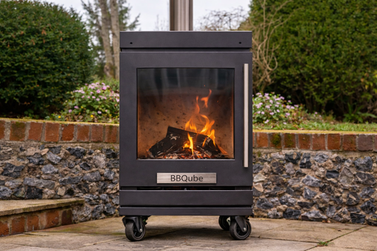 HeatQube outdoor heater with 4 wheel base wood burning