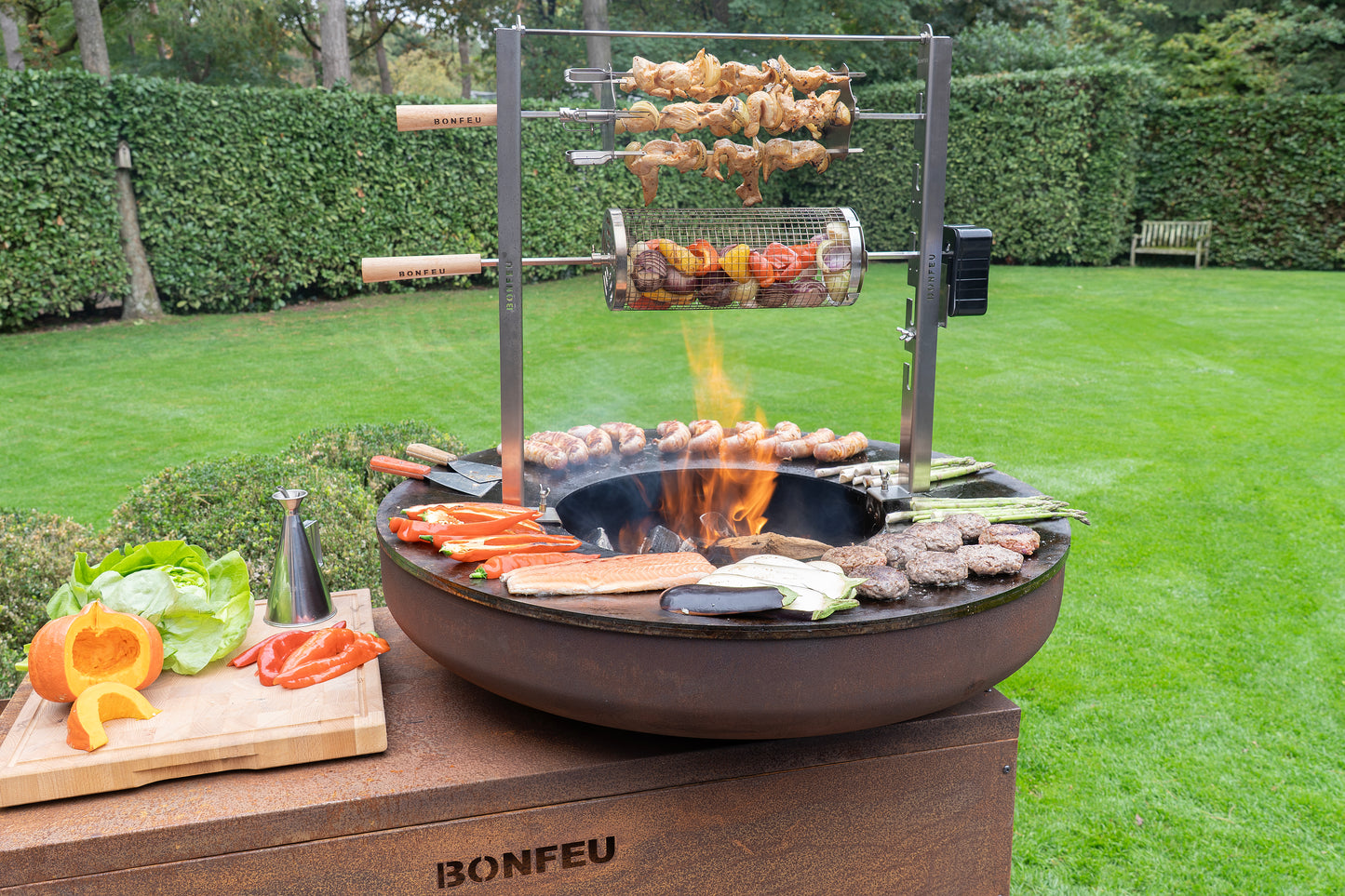 round plancha BBQ fire pit wood burning garden cooking