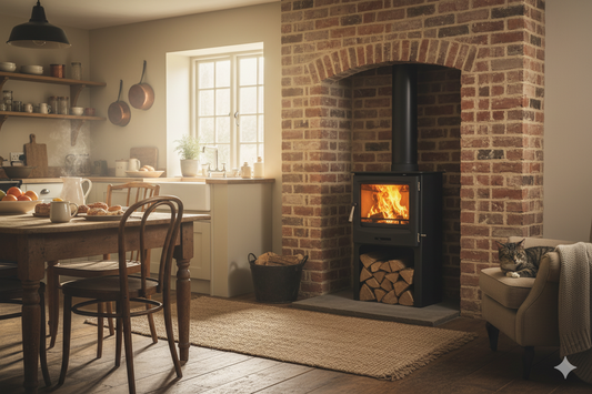 Cast Tec Horizon 5 Logstore stove in living room setting