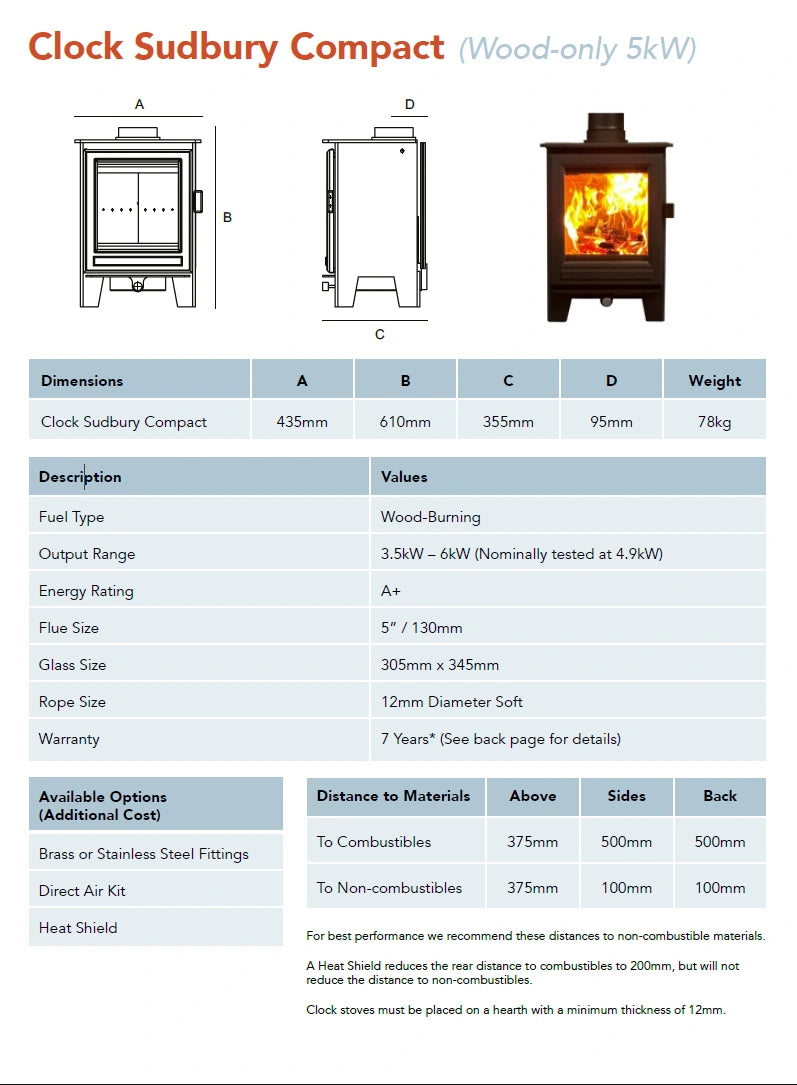 Clock Sudbury Compact Wood Fuel Stove