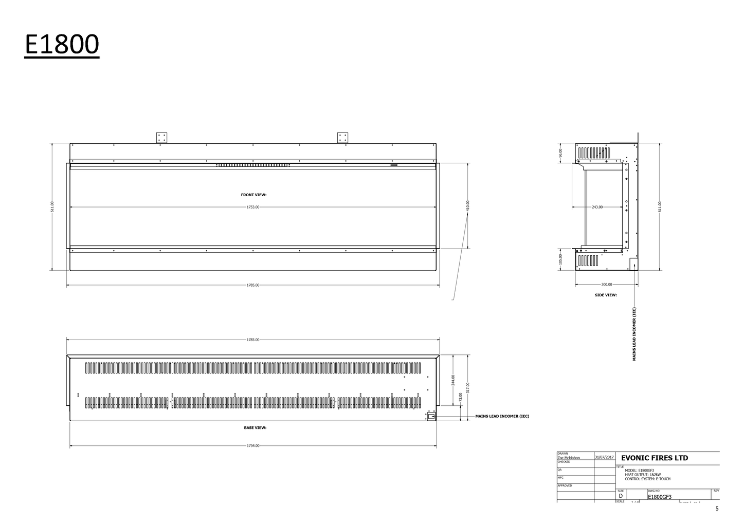 Evonic e1800 Built-In Electric Fire