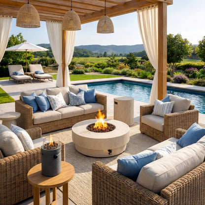 Happy Cocooning round gas fire table outdoor seating area