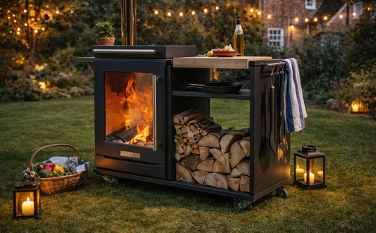 BBQube grill heater with log store outdoor cooking unit